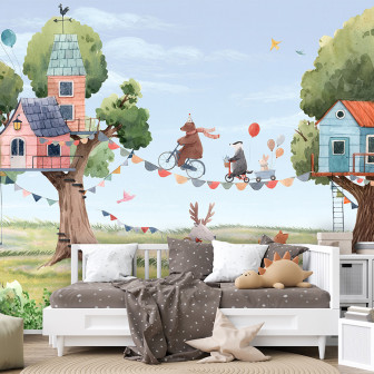 Fototapet cu casuțe în copaci și animale pentru camera copiilor