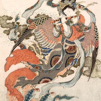 Wallpaper japonez cu o femeie cu aripi de pasăre care cântă la o flaută tradițională.