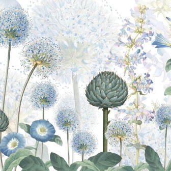 Tapet floral cu flori albastre într-un dormitor