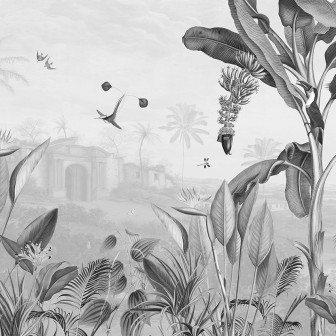 Tapet botanical alb-negru intr-un dormitor modern