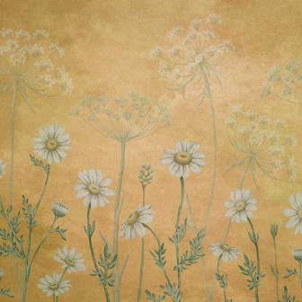 Fototapet cu margarete albe pe fundal galben într-un dormitor