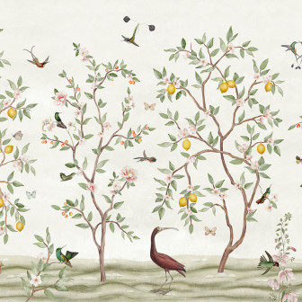 Tapet personalizat cu design Lemon Tree Chinoiserie într-un dormitor