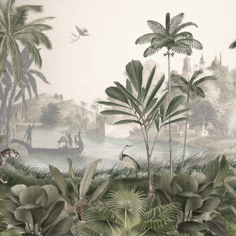 Tapet personalizat cu peisaj cu leoparzi într-un peisaj exotic verde