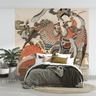 Wallpaper japonez cu o femeie cu aripi de pasăre care cântă la o flaută tradițională.