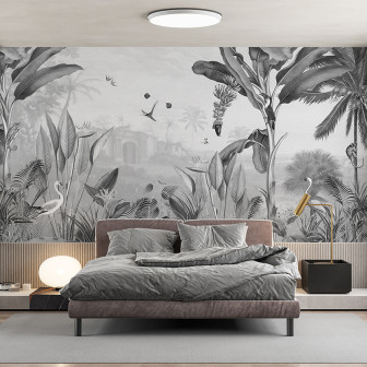 Tapet botanical alb-negru intr-un dormitor modern