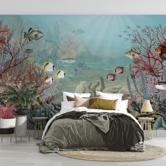 Tapet cu corali și pești într-un dormitor