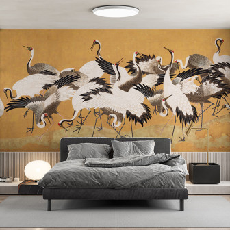 Fototapet cu cocori pe fundal auriu