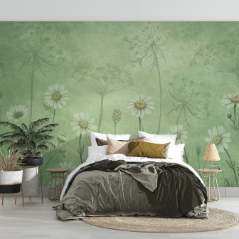 Fototapet floral cu margarete albe pe fundal verde