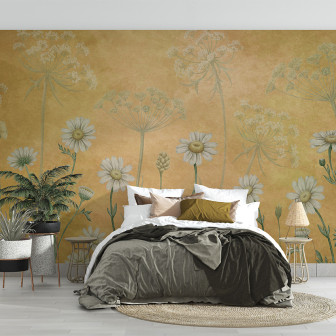 Fototapet cu margarete albe pe fundal galben într-un dormitor