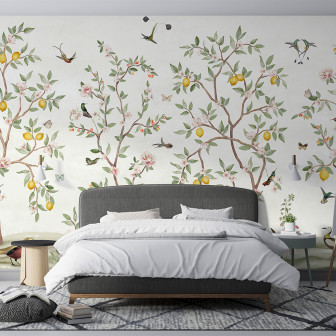 Tapet personalizat cu design Lemon Tree Chinoiserie într-un dormitor