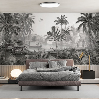 Tapet personalizat cu peisaj cu leoparzi, alb-negru