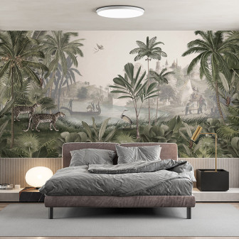 Tapet personalizat cu peisaj cu leoparzi într-un peisaj exotic verde