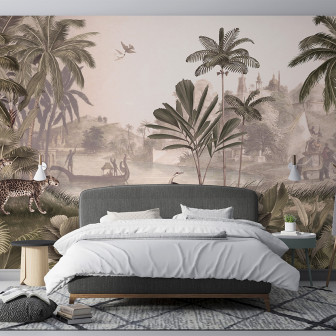 Fototapet cu peisaj savană, leoparzi și tonuri sepia