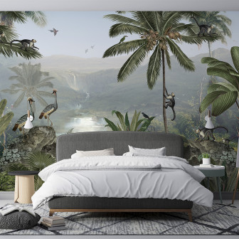 Tapet personalizat cu o junglă luxuriantă și maimuțe