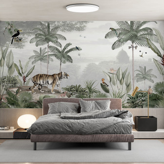 Tapet personalizat cu motiv tropical și tigru