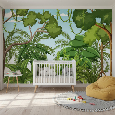 Fototapet cu peisaj de junglă tropicală, copaci verzi și liane, montat într-o cameră de bebeluși cu pătuț alb și puf galben.